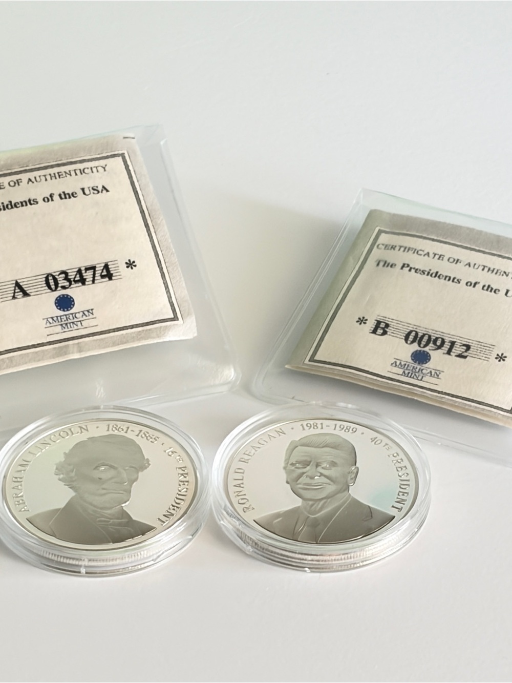 American Mint Presidents Medallions Lincoln & Reagan Silver-Plated Copper COA